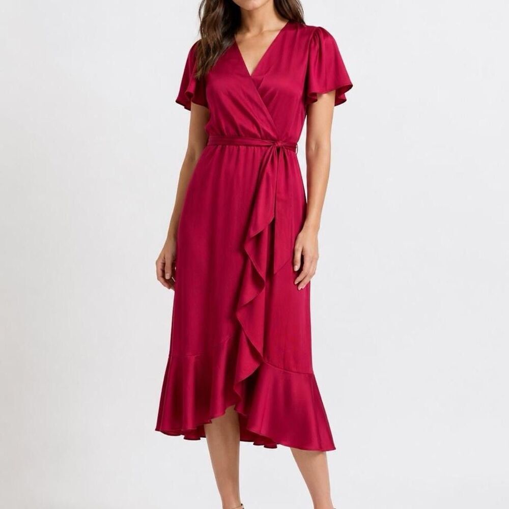 Nicole Miller New York Red Satin Wrap Dress Sz Med Flutter Sleeve Ruffle Hem